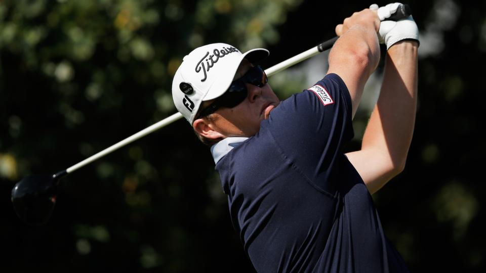 George Coetzee of South Africa hits his tee shot at the 18th in the final round of the Joburg Open . Photograph: Dean Mouhtaropoulos/Getty Images