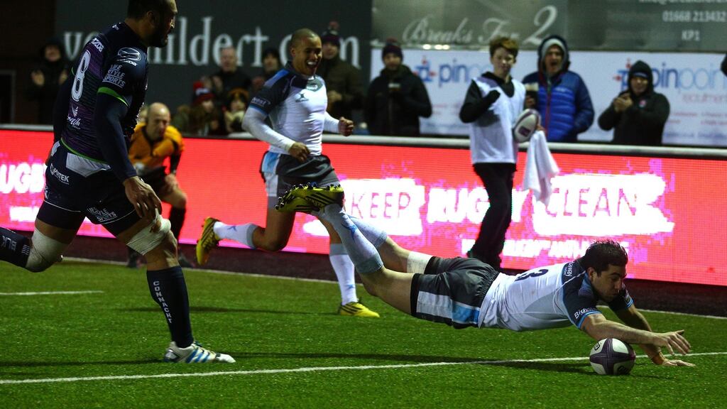 Newcastle’s Belisario Agulla scores a try in the left corner during the second half. Photograph: Mark Runnacles/Getty Images