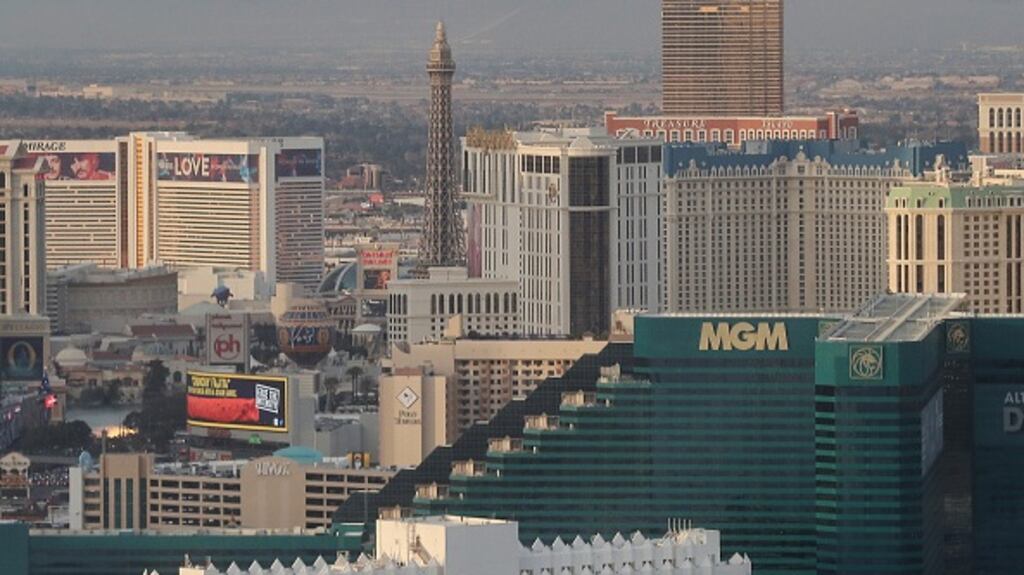 The 14-corner F1 circuit will run past some of Las Vegas’s most famous landmarks including Caesars, the Las Vegas Strip, the Bellagio fountains and the Eiffel tower of the Paris Casino. Photograph: Tom Szczerbowski/Getty Images