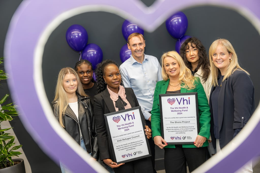Representatives from The Shona Project and the Irish Refugee Council alongside Brian Walsh, VHI CEO, and Sarah Edmonds from the Irish Youth Foundation, to celebrate the awarding of grants through the VHI Health and Wellbeing Fund