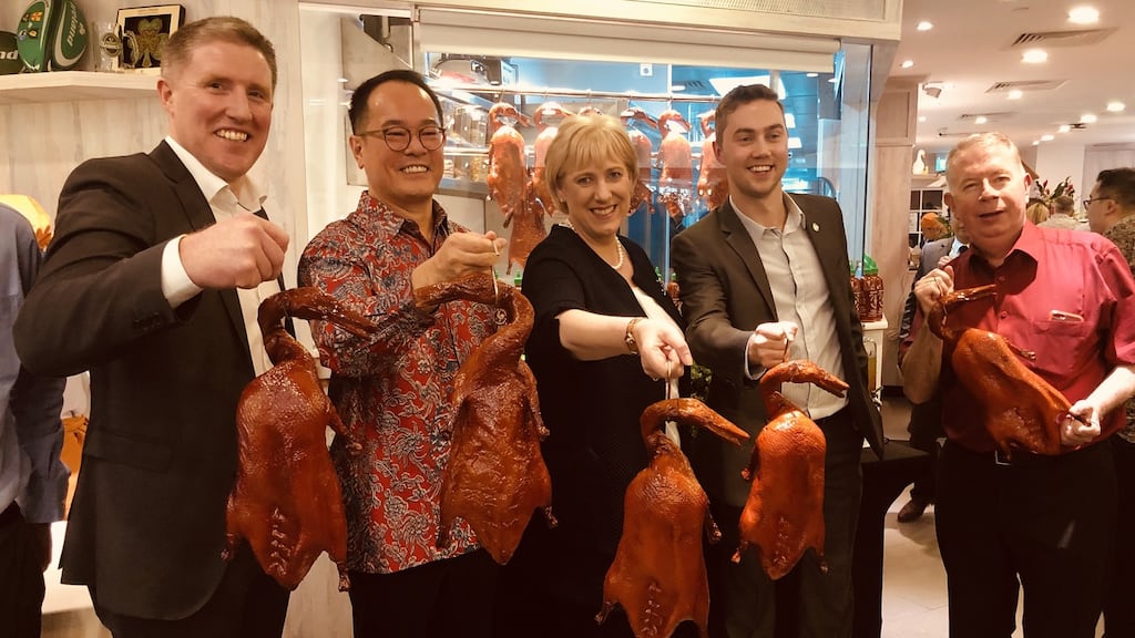 Silver Hill Farm chief executive Micheál Briody, left; Andrew Tjioe, founder Duckland; Heather Humphreys, Minister for Business; Ciaran Gallagher, Bord Bia manager for southeast Asia; and Irish Ambassador to Singapore Pat Bourne at the launch of Duckland restaurant in Singapore earlier this year.
