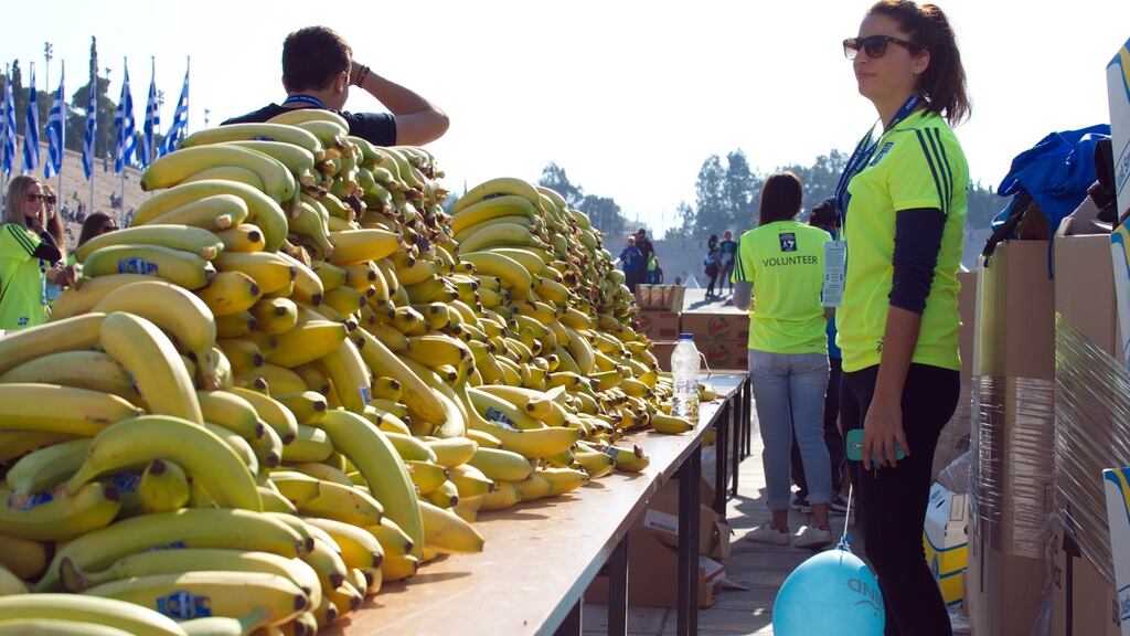 Bananas at the Athens Classic Marathon. They are now a compulsory feature at every running event, whether it’s a local parkrun or the New York City Marathon, which currently orders in around 32,000 bananas every year.