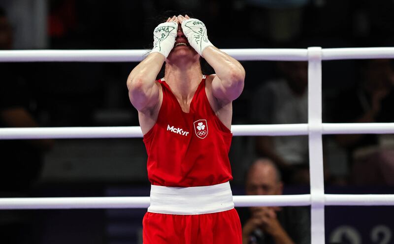 Kellie Harrington celebrates after her victory over Beatriz Iasmin Soares Ferreira which guaranteed her at least a silver medal. Photograph: Ryan Byrne/Inpho
