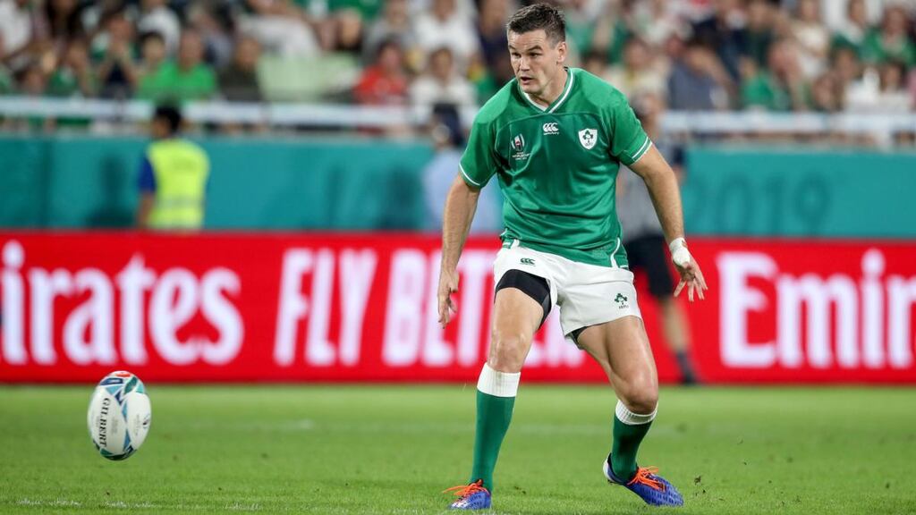 Johnny Sexton stabs through a kick for Peter O’Mahony to score Ireland’s second try in Kobe. Photograph: Dan Sheridan/Inpho