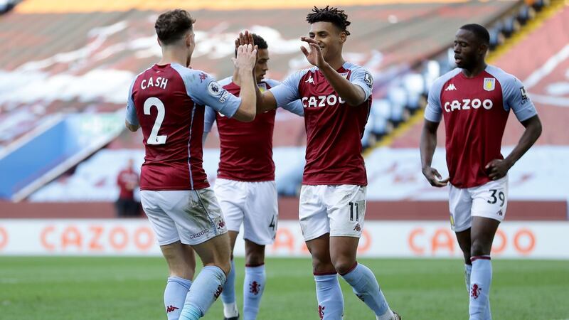 Aston Villa’s Ollie Watkins celebrates scoring his side’s third against Fulham. Photograph: Richard Heathcote/PA