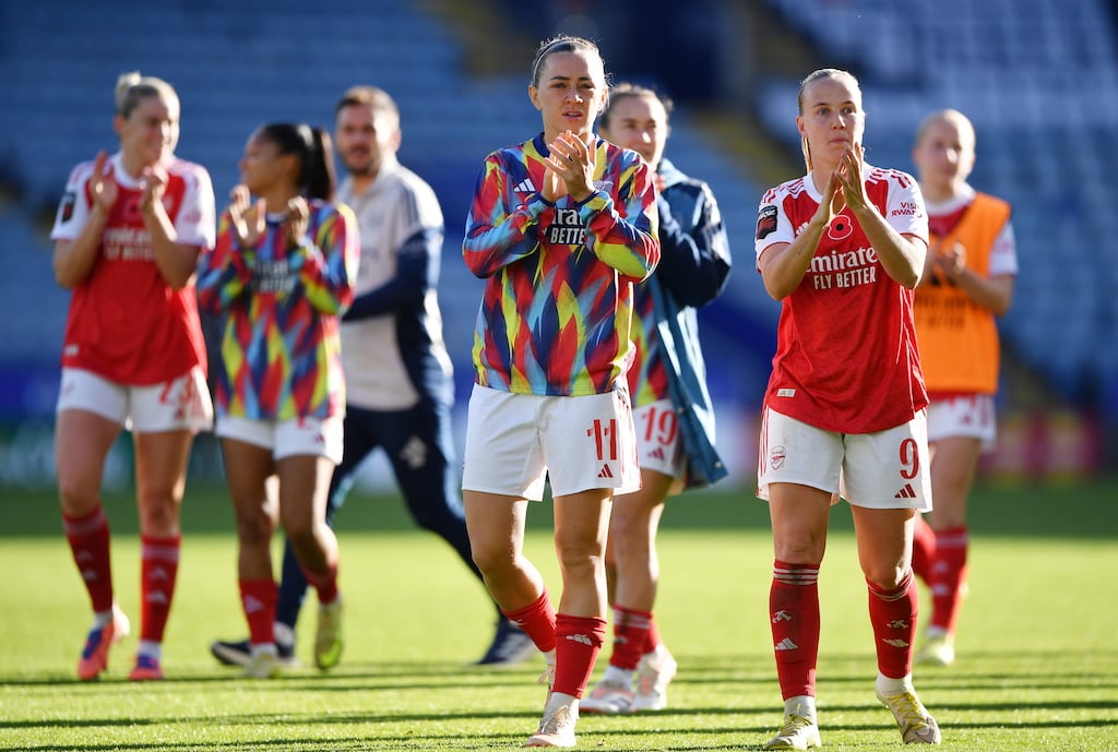 Arsenal's Katie McCabe (centre) applauds fans after last Sunday's Super League match against Leicester City at The King Power Stadium. McCabe chose not to wear the poppy on her jersey. Photograph: Alex Burstow/Arsenal FC via Getty Images