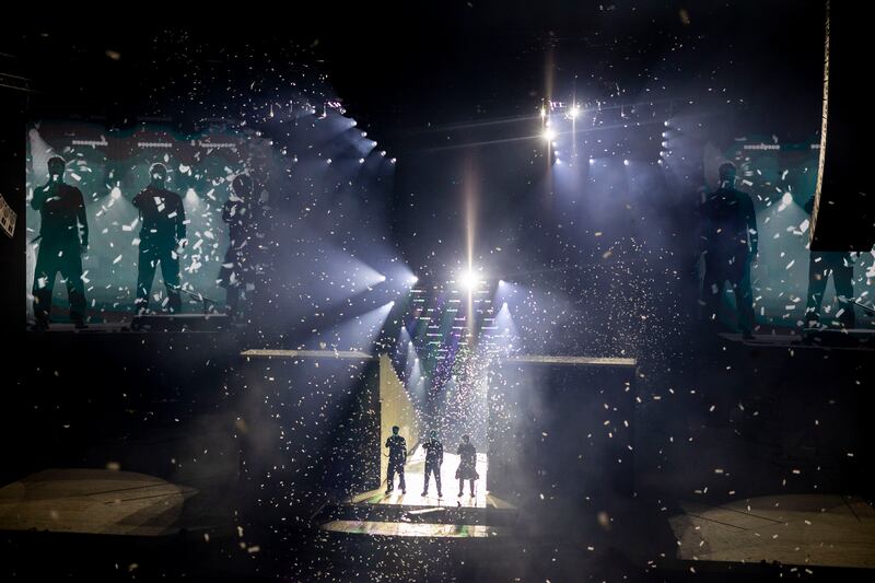 Take That's Gary Barlow, Howard Donald and Mark Owen on stage at 3Arena, Dublin. Photograph: Tom Honan