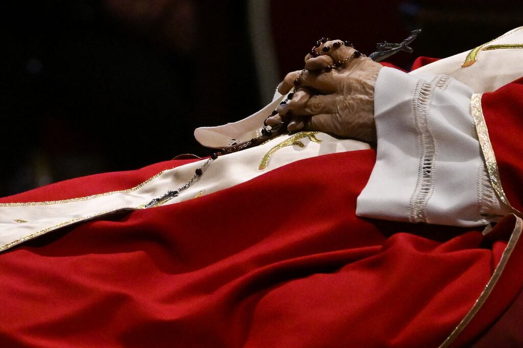 The late Pope Emeritus Benedict XVI lays in state at St Peter's Basilica, in the Vatican, on January 3rd, 2023. Benedict, a conservative intellectual, had in 2013 become the first pontiff to resign in six centuries. Photograph: Andreas Solaro/AFP/Getty