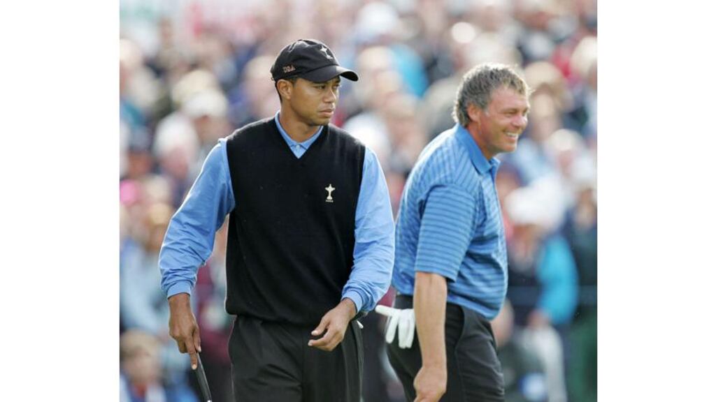 Tiger Woods faced current European vice-captain Darren Clarke during his last Ryder Cup appearance at the K Club. The world number one was named in the 2010 team this afternoon. Photograph: Morgan Treacy/Inpho