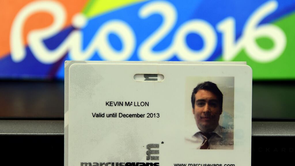 A picture of an ID card belonging to Kevin Mallon, a THG Sports director, displayed during a press conference at the City Police’s station in Benfica, north of Rio de Janeiro. Photograph: Tasso Marcelo/AFP/Getty Images