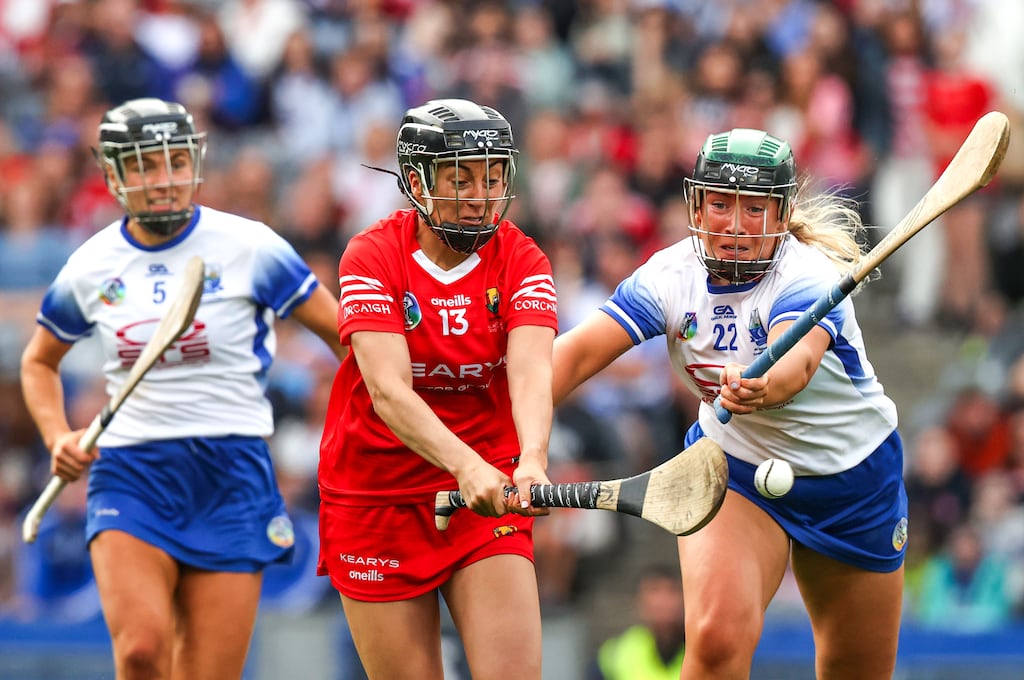 Cork's Amy O’Connor and Waterford's Laoise Forrest during the 2023 All-Ireland senior camogie final. The counties had been due to contest the Munster final on Saturday. Photograph: Bryan Keane/Inpho