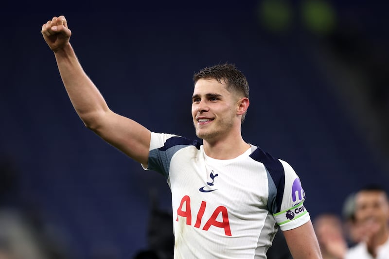 Micky van de Ven of Tottenham Hotspur celebrates victory. Photograph: Stu Forster/Getty
