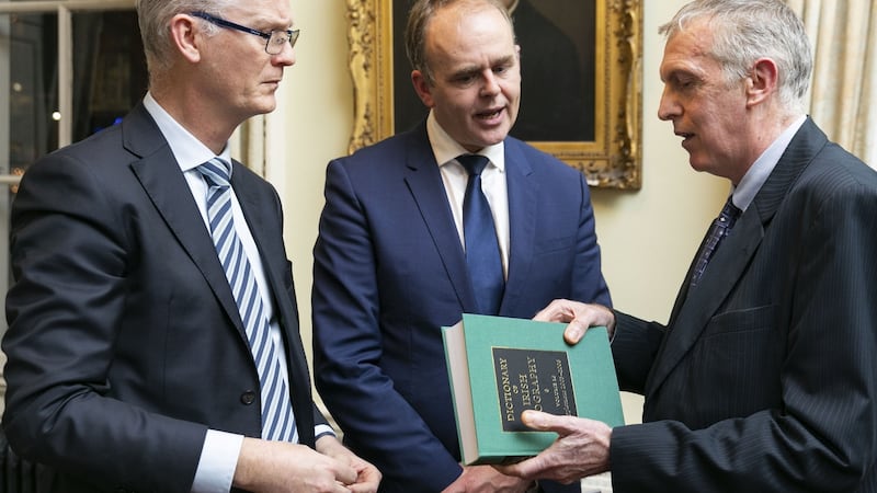 Minister for Education and Skills Joe McHugh  launches the latest volumes of the Dictionary of Irish Biography in the Royal Irish Academy last December, which coincides with the 10th  anniversary of Ireland’s national biographical reference book. With the Minister are RIA president Michael Peter Kennedy, and James Quinn, editor of the dictionary. Photograph: Johnny Bambury