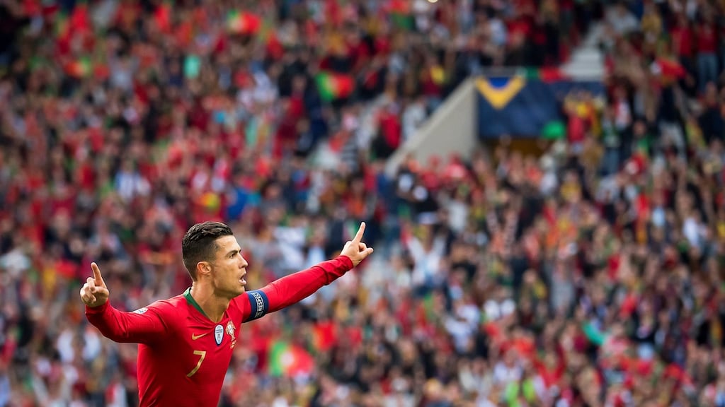 Portugal’s Cristiano Ronaldo celebrates after scoring the first goal in their Uefa Nations League semi-final win over Switzerland at the Dragao stadium in Porto. Photo: Jean-christophe Bott/EPA