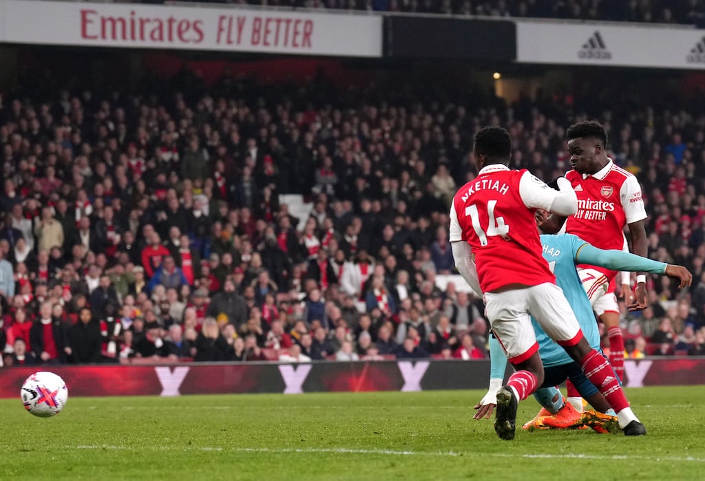 Arsenal's Bukayo Saka scores his side's late equaliser in the Premier League game against Southampton at the Emirates Stadium. Photograph: John Walton/PA Wire