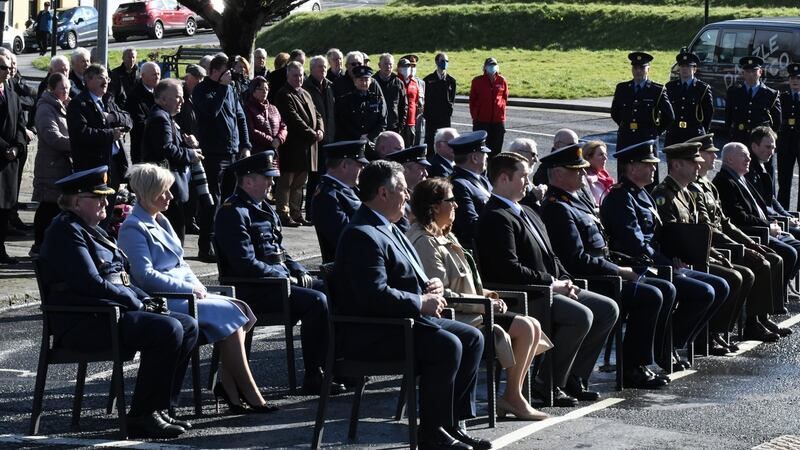 A crowd in attendance at the unveiling of a plaque commemorating the first member of An Garda Síochana, PJ Kerrigan, at Westport Garda station. Photograph: Garda Síochana/Twitter