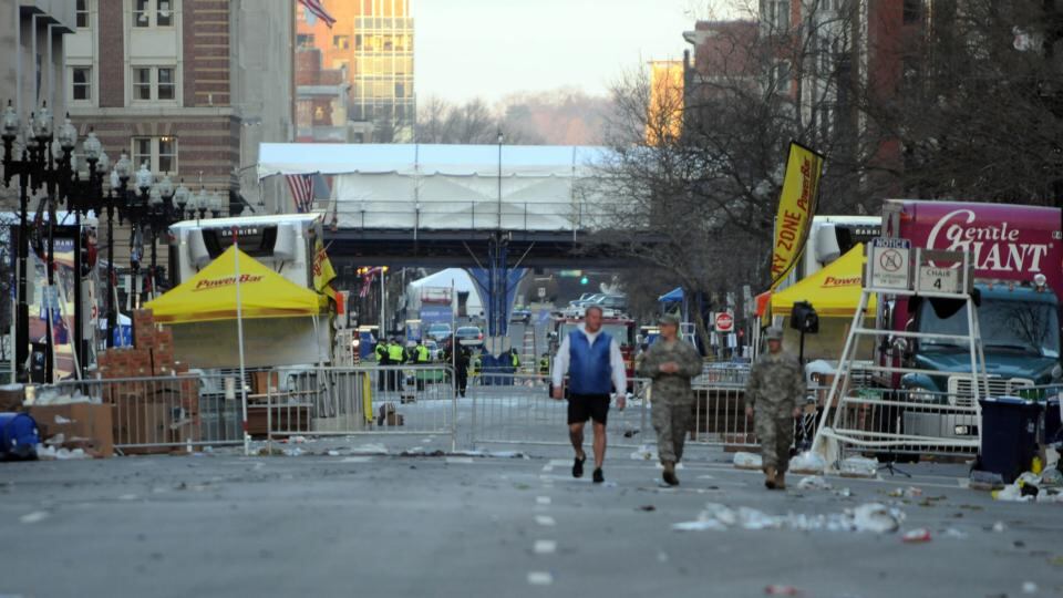 The scene on Boylston Street in Boston, Massachusetts, this morning, the site of two explosions yesterday that killed three people an injured at least 141 others. Photograph: Darren McCollester/Getty Images