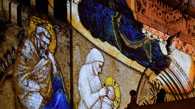 Another of Giotto’s nativity scenes projected on the the facade of Basilica of St Francis in Assisi. Photogaph: Getty