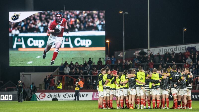 A tribute on the big screen before the game on the occasion of the fifth anniversary of Anthony ‘Axel’ Foley’s passing. Photo: James Crombie/Inpho