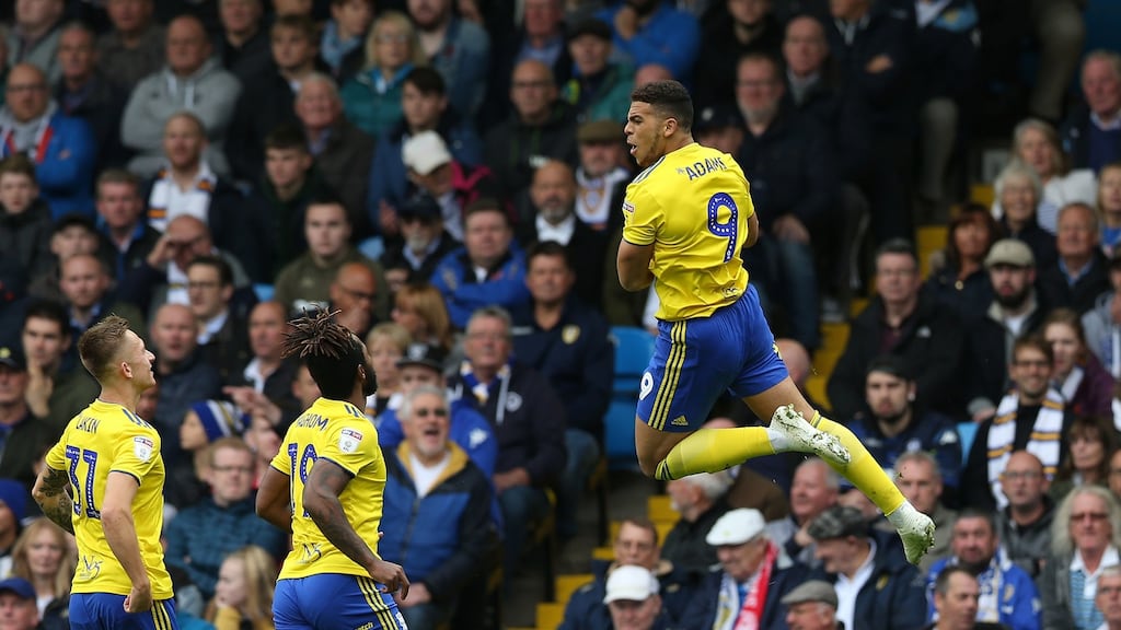 Che Adams celebrates Birmingham City’s opener against Leeds - his first of two at Elland Road. Photograph: Barrington Coombs/PA