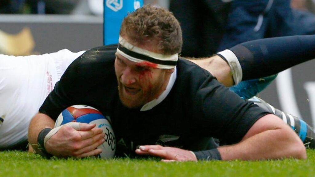 New Zealand’s Kieran Read scores against England at Twickenham. Photograph: Eddie Keogh/Reuters