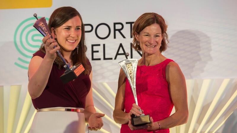 The Irish Times/Sport Ireland Sportswoman of the Year award winner Annalise Murphy with Sonia O’Sullivan who was awarded the Outstanding Achievement Award at the annual awards ceremony at the Shelbourne Hotel, Dublin. Photograph: Brenda Fitzsimons/The Irish Times