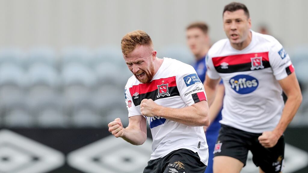 Dundalk’s Sean Hoare celebrates scoring his side’s winner during the FAI Cup match against Waterford. Photo: Laszlo Geczo/Inpho