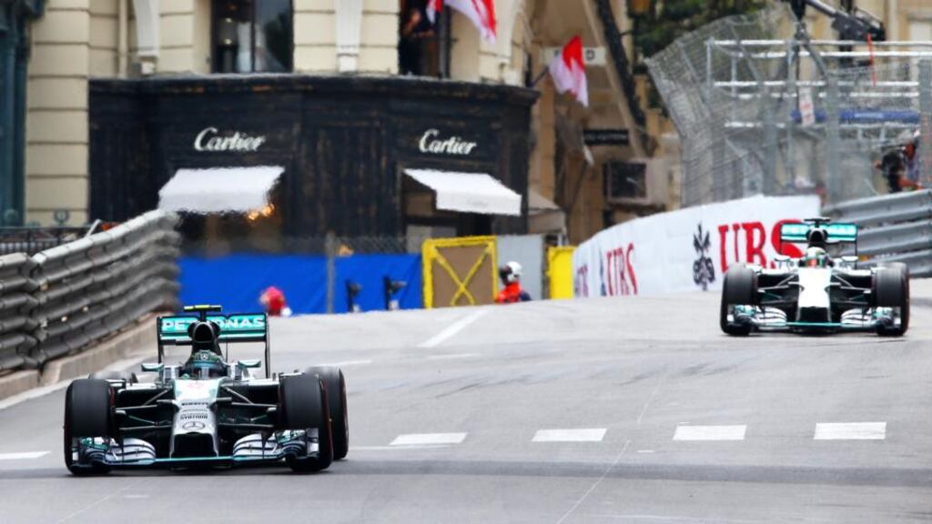 Nico Rosberg leads from his Mercedes team-mate Lewis Hamilton during the Monaco Grand Prix in Monte Carlo. Photograph: Clive Mason/Getty Images