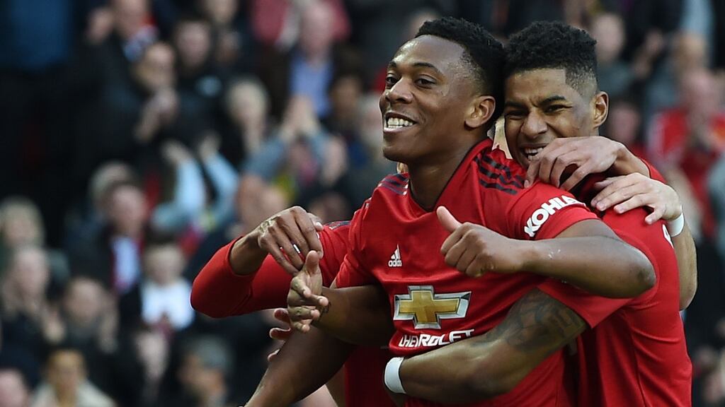 Manchester United’s Anthony Martial celebrates his goal against Watford. Photograph: Getty Images