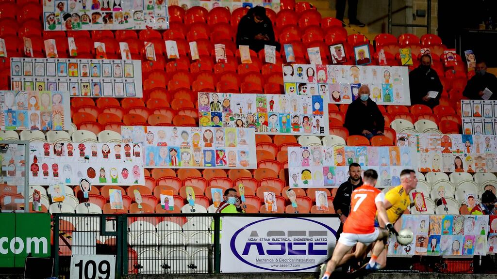 Self-portraits from more than 3,000 primary school children across Armagh in the stands during the Allianz Football League Division 2 game between Armagh and Roscommon on Saturday. Photograph: Ryan Byrne/Inpho