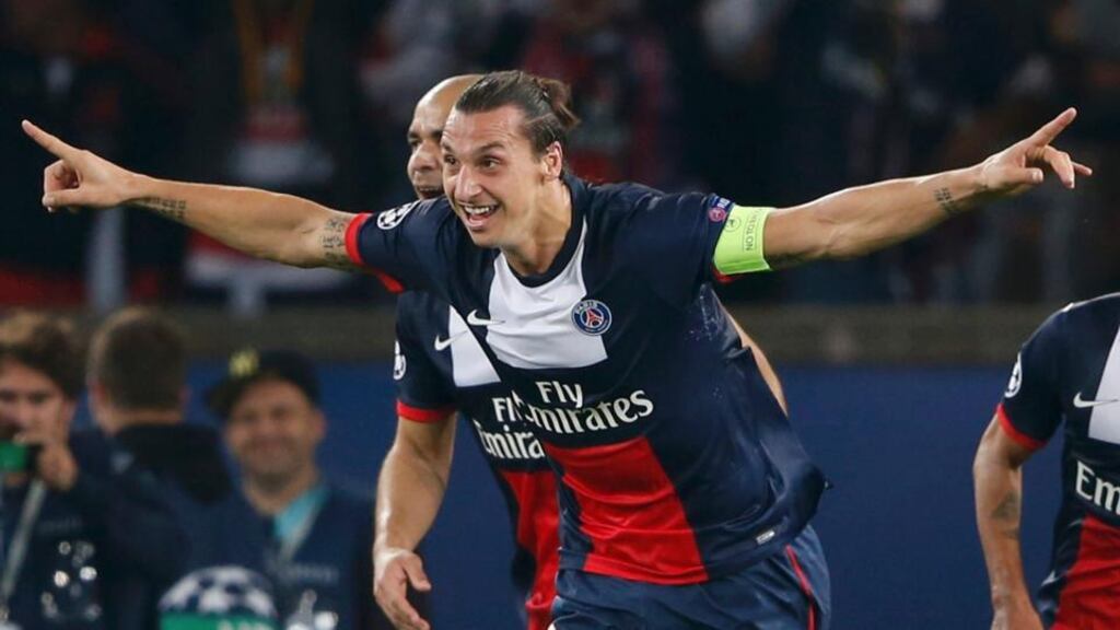 Paris Saint-Germain’s Zlatan Ibrahimovic celebrates his second against Benfica at the Parc des Princes. Photograph: Charles Platiau/Reuters