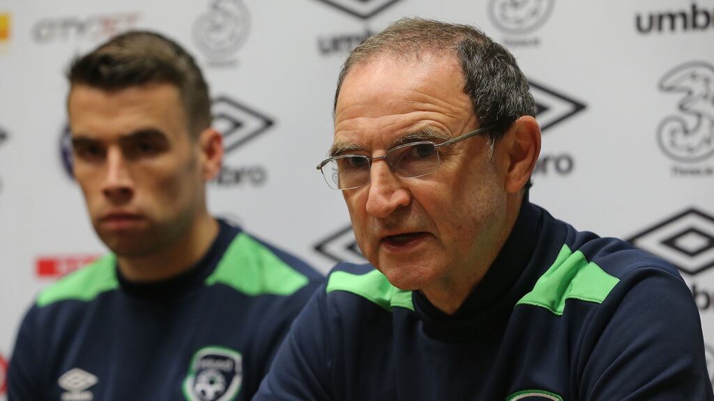 Republic of Ireland Manager Martin O’Neill with Seamus Coleman hold a press conference after a training session at FAI National Training Centre, Dublin. Photo: Niall Carson/PA Wire