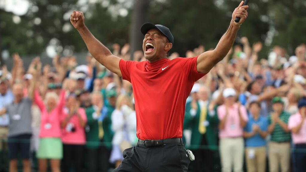 Tiger Woods celebrates after winning the 2019 Masters at Augusta. Photograph: Andrew Redington/Getty Images
