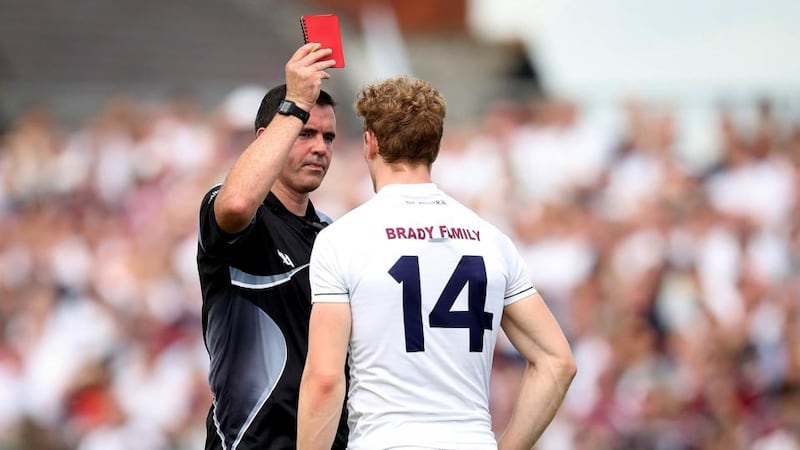Kildare’s Daniel Flynn is sent off by referee Seán Hurson during the All-Ireland SFC quarter-final Super 8s game against Galway at Newbridge. Photograph: Ryan Byrne/Inpho