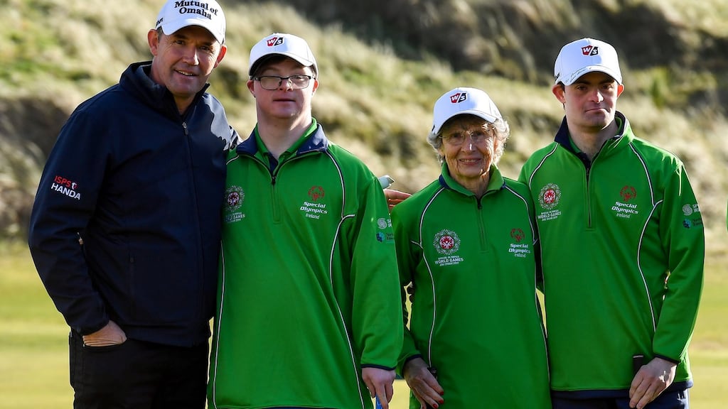 Professional golfer Pádraig Harrington with Special Olympians Mark Claffey and Andrew Simington and  Phyl Kelleher, who will play with Andrew in the Alternate Shot event