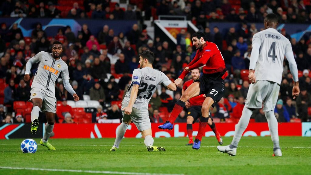 Marouane Fellaini scores Manchester United’s late winner against Young Boys. Photograph: Phil Noble/Reuters
