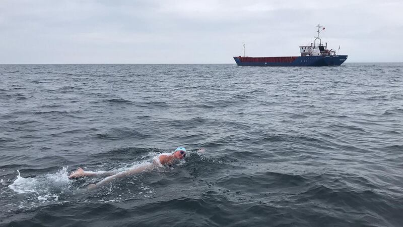 Catherine Breed (26), from California, during her successful swim of the North Channel from Northern Ireland to Scotland. Photograph: Infinity Channel Swimming/PA Wire