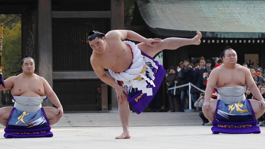 Yokozuna Harumafuji during the New Year’s ring-entering rite at the annual celebration for the New Year at Meiji Shrine. Photograph: Yuya Shino/Reuters