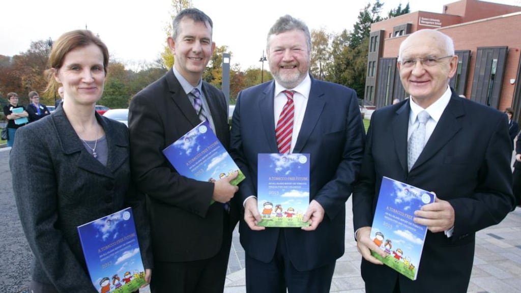 Pictured launching the report are (from left to right) Dr Helen McAvoy of the IPH; Northern Ireland health minister Edwin Poots; Minister for Health Dr James Reilly and Prof Luke Clancy of the TobaccoFree Research Institute Ireland.