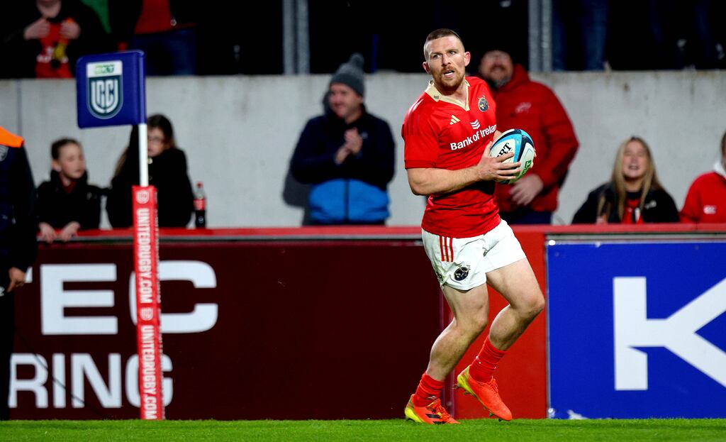 Munster’s Andrew Conway runs in a try in their URC match against Sharks at Thomond Park, Limerick on October 21st. Photograph: INPHO/Ryan Byrne