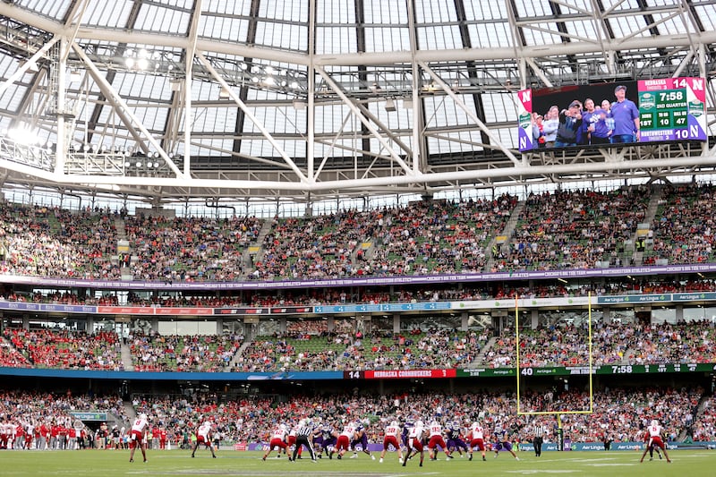A view of play during the 2022 Aer Lingus College Football Classic between Northwestern and Nebraska at the Aviva Stadium. Photograph: Laszlo Geczo/Inpho