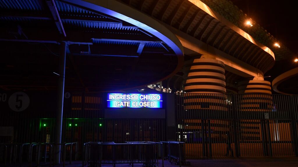 A photograph taken on February 27th shows the closed entrance of the San Siro stadium ahead of the Europa League round of 32 second-leg match between Inter Milan and Ludogorets. Photograph: Miguel Medina/AFP via Getty Images