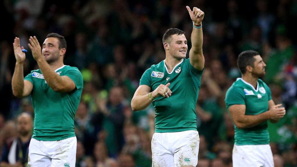 Robbie Henshaw celebrates Ireland’s win over France. Photo: James Crombie/Inpho