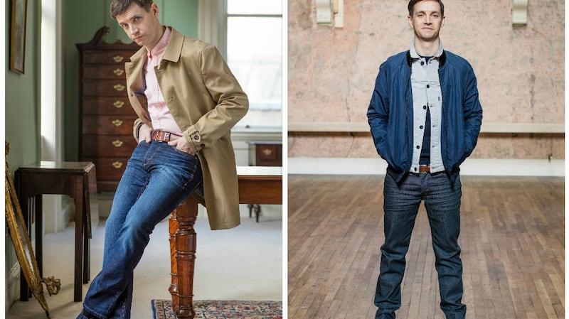 Left– Grace’s choice: Salmon shirt, ¤99, Polo Ralph Lauren; beige mac jacket, ¤300, Nigel Hall; jeans, ¤69.95, Jack & Jones; brown belt, ¤65, Ted Baker; navy lace-up boots, ¤115, Hudson. Right– Emmet’s choice: Grey denim jacket, ¤95, Levis; navy bomber, ¤89.95, Selected; navy jumper, ¤85, Farah; Levis jeans, ¤100; brown lace-up brogues, ¤220, Ted Baker;