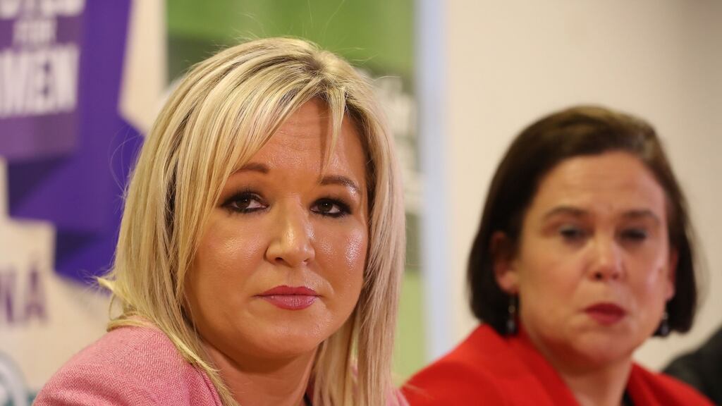 Sinn Féin vice-president Michelle O’Neill and the party’s president, Mary Lou McDonald, at Parliament Buildings in Stormont, Belfast, on Thursday. Photograph: Niall Carson/PA Wire