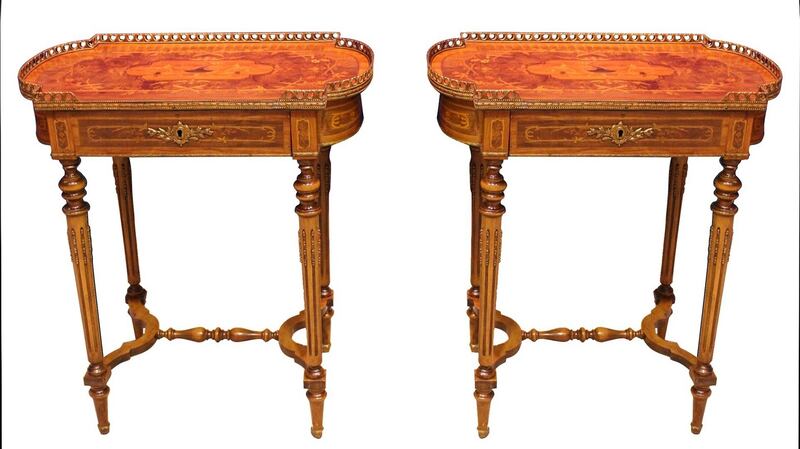 Lot 27 kingwood walnut and marquetry side tables, at Hegarty’s
