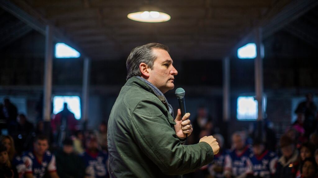 Republican presidential candidate Ted Cruz campaigns at High Point Bulls Oswald Barn in Osceola, Iowa on Tuesday. Photograph: Jim lo Scalzo/EPA