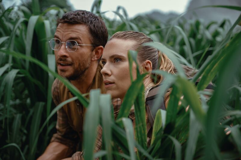 Jonathan Bailey as paleontologist Dr Henry Loomis and Scarlett Johansson as covert operations expert Zora Bennett in Jurassic World Rebirth. Photograph: Jasin Boland/Universal Pictures