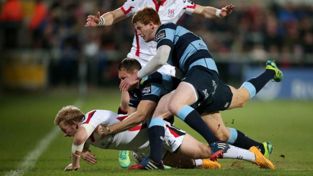 Ulster and Ireland centre Stuart Olding suffered an ACL injury in his right knee during the Guinness Pro 12 game against Cardiff Blues at Ravenhill. Photograph: Darren Kidd/Inpho/Presseye