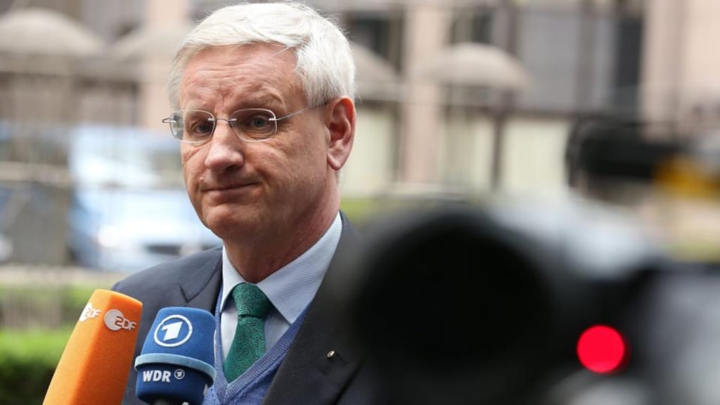 Swedish foreign minister Carl Bildt arrives at meeting of EU foreign ministers in Brussels. Photograph: Julien Warnand/EPA